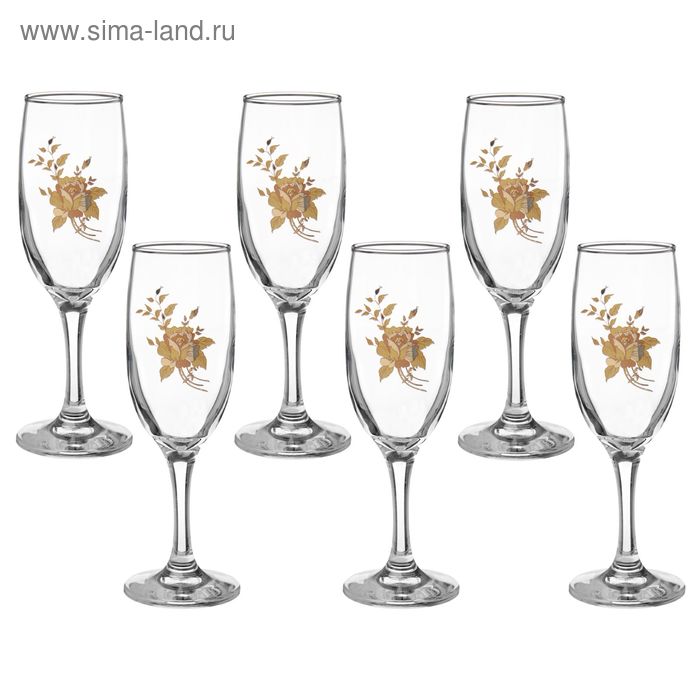 Набор бокалов для шампанского «Золотая роза», 6 шт, 190 мл - Фото 1