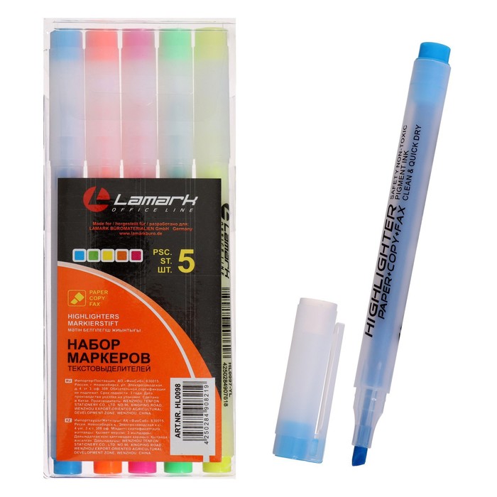 Набор маркеров текстовыделителей 5 цветов, 4.0 мм, PP Lamark - Фото 1