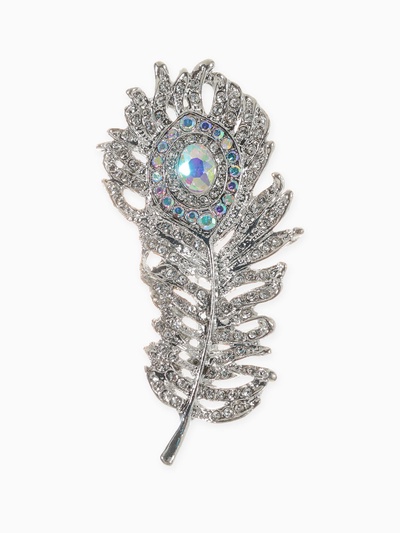 Брошь «Перо павлинье» пушистое, радужная в серебре