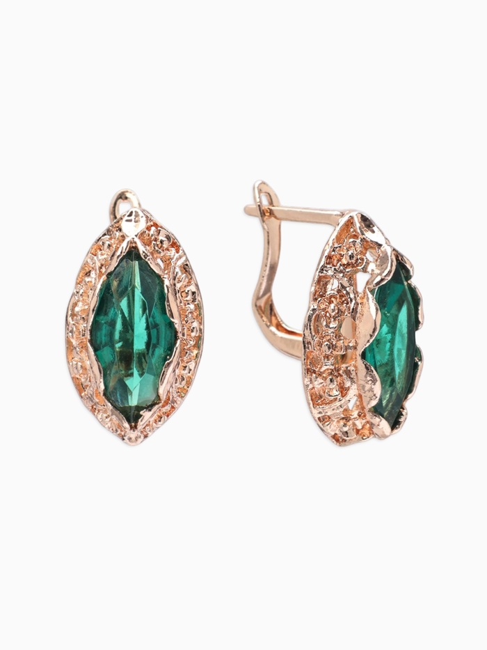 Серьги со стразами «Эдель», эллипс ажурный, цвет изумрудный в розовом золоте
