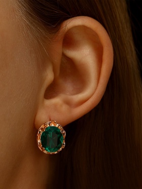 Серьги со стразами «Эдель» овал классика, цвет изумрудный в розовом золоте (комплект 2 шт)