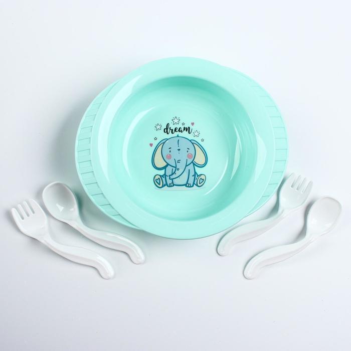 Набор детской посуды: тарелка на присоске, 500 мл, ложка, 2 шт., вилка, 2 шт., цвета МИКС - Фото 1