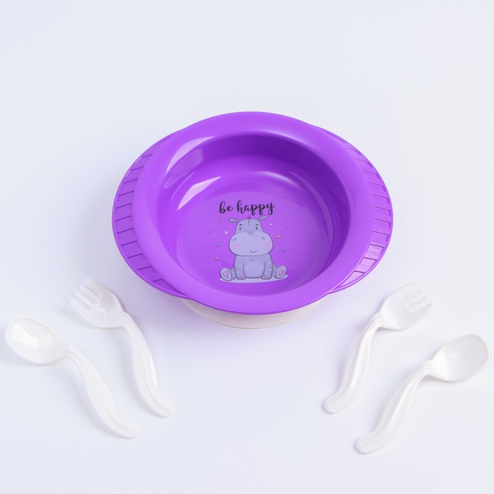 Набор детской посуды: тарелка на присоске, 500 мл, ложка, 2 шт., вилка, 2 шт., цвета МИКС - фото 1908270294