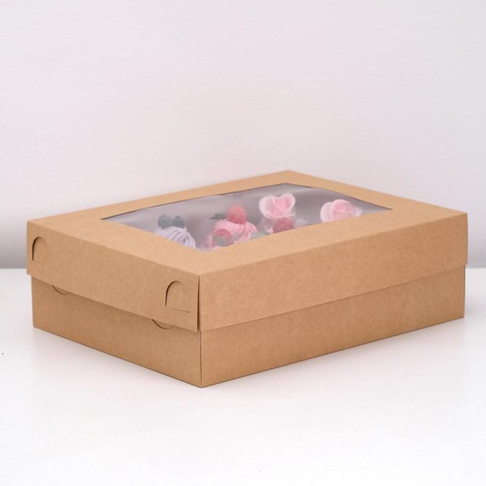 Коробка на 12 капкейков с окном, крафт, 32,5 х 25,5 х 10 см - Фото 1