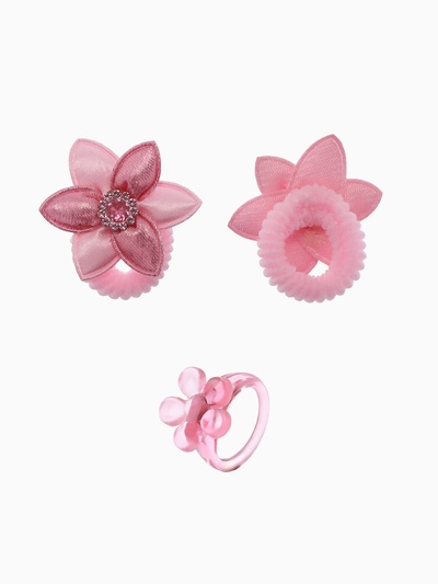 Комплект детский «Выбражулька» 5 предметов: 2 резинки, бусы, браслет d=4,6 см., кольцо, цветочек, розовый