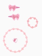 Набор детских украшений Выбражулька «Бантик с сердечком», 5 предметов: 2 заколки, бусы, браслет d=5 см кольцо, розовый - Фото 1