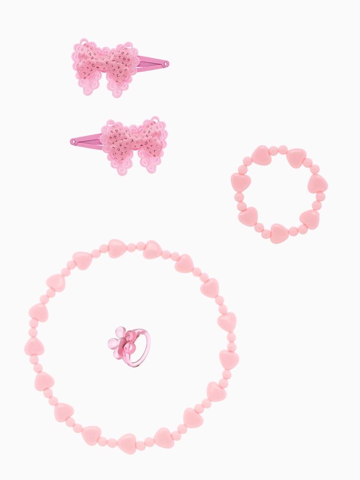 Набор детских украшений Выбражулька «Бантик с сердечком», 5 предметов: 2 заколки, бусы, браслет d=5 см кольцо, розовый