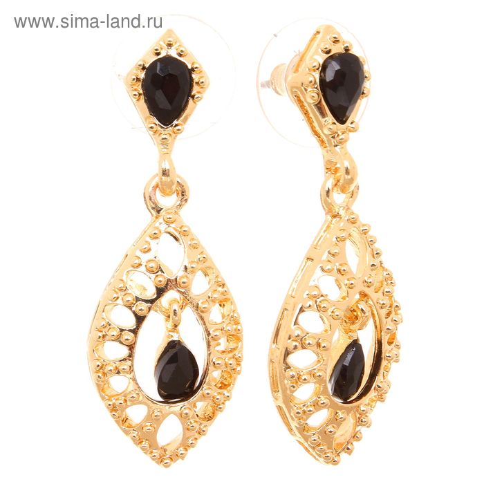 Серьги со стразами «Эллипс с каплей», цвет черный в золоте - Фото 1