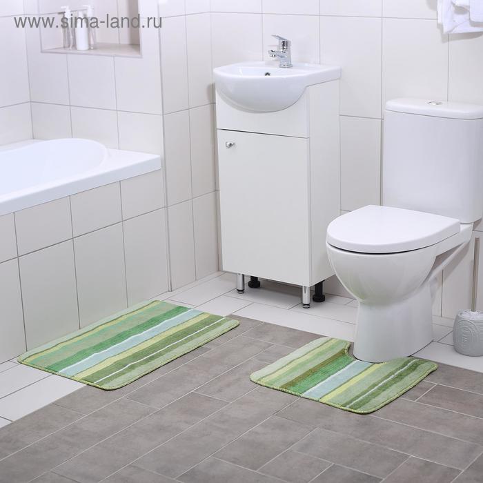 Набор ковриков для ванны и туалета Доляна «Полоски», 2 шт: 40×45, 45×70 см, цвет зелёный - Фото 1