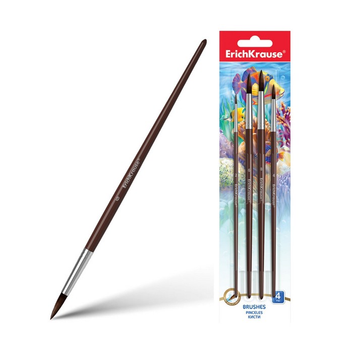 Набор кистей Пони 4 штуки Erich Krause, круглые № 2, 4, 6, 8, в блистере - Фото 1