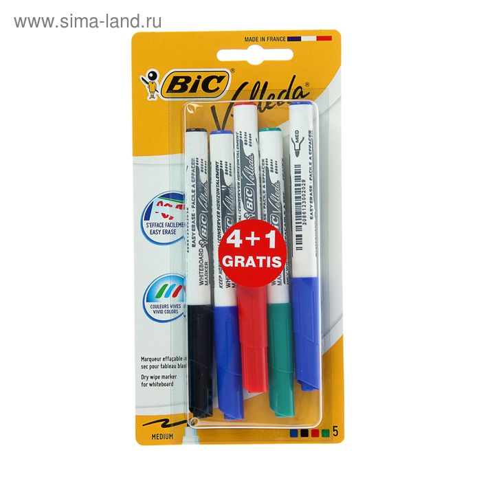 Набор маркеров для доски 4 цвета 4.5 мм BIC Velleda 1741, (5шт..: 4+1) - Фото 1