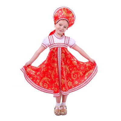 Русский народный костюм для девочки с кокошником, красно-бежевые узоры, р-р 56, рост 98-104 см