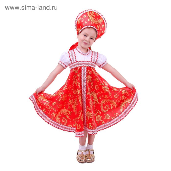 Русский народный костюм для девочки с кокошником, красно-бежевые узоры, р-р 56, рост 98-104 см - Фото 1