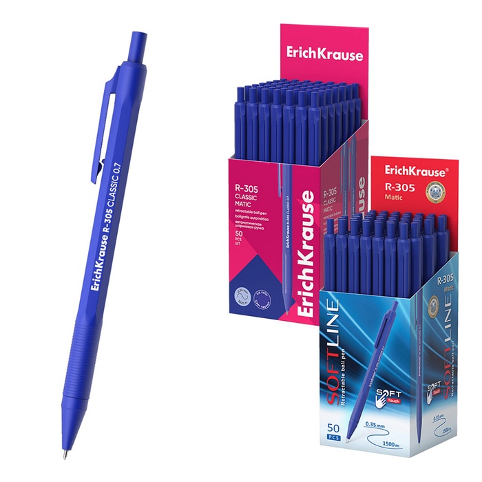 Ручка шариковая ErichKrause. R=305, автоматическая, синий стержень, узел 0.7 мм