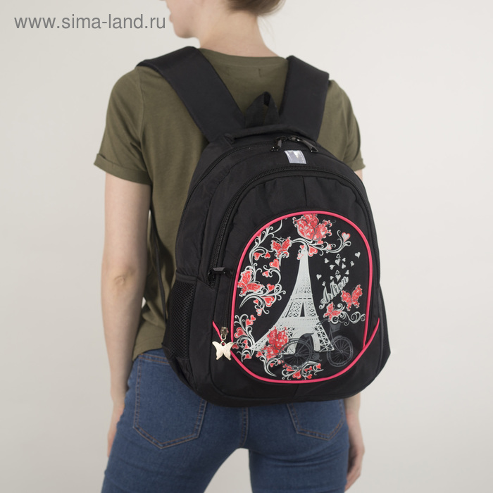 Рюкзак школьный, 2 отдела на молниях, наружный карман, 2 боковых кармана, цвет чёрный - Фото 1