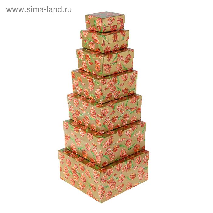 Набор коробок 7 в 1 "Тюльпаны на золотом" 20 х 20 х 10 - 7 х 7 х 4 см - Фото 1