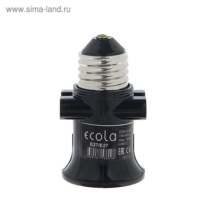 Переходник Ecola, с цоколя Е27 на Е27, с выходом на розетки, 75×45 мм - Фото 1