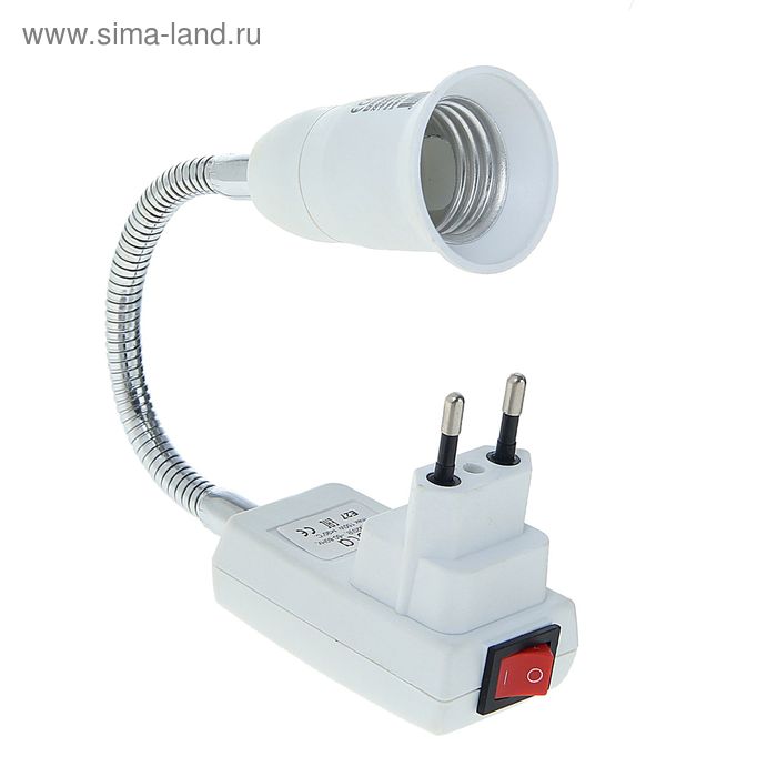 Переходник Ecola, вилка-патрон, Е27, 275×45 мм, с выключателем, гибкий, белый - Фото 1