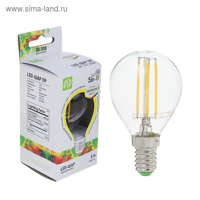Лампа светодиодная ASD, G45, 5 Вт, Е14, 450 Лм, 3000 К, теплый белый, прозрачная - Фото 1