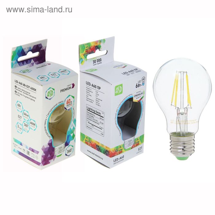 Лампа светодиодная ASD, Е27, 6 Вт, 160-260 В, 4000 К, 540 Лм, прозрачная - Фото 1