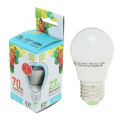Лампа светодиодная ASD LED-ШАР-standard, Е27, 7.5 Вт, 230 В, 4000 К, 675 Лм