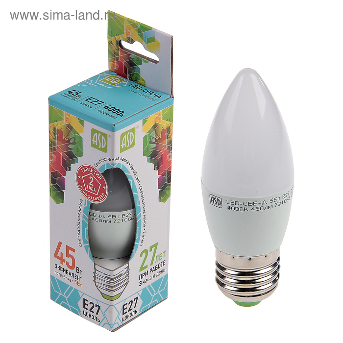 Лампа светодиодная ASD LED-СВЕЧА-standard, Е27, 5 Вт, 230 В, 4000 К, 480 Лм - Фото 1