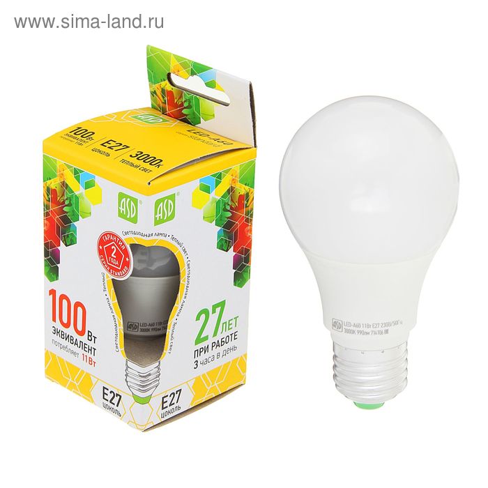 Лампа светодиодная ASD LED-A60-standard, Е27, 11 Вт, 160-260 В, 3000 К, 990 Лм - Фото 1