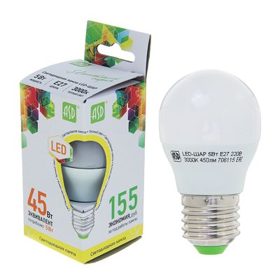 Лампа светодиодная ASD LED-ШАР-standard, Е27, 5 Вт, 230 В, 3000 К, 450 Лм