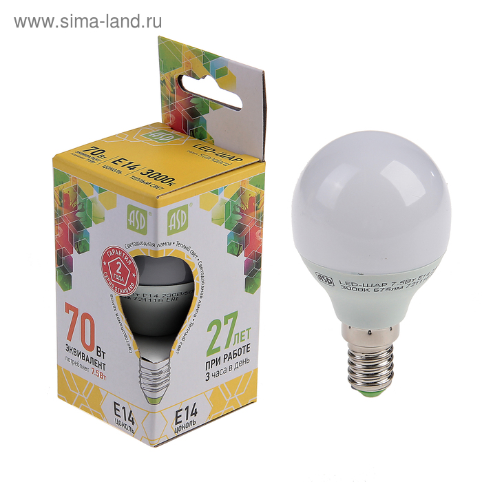 Лампа светодиодная ASD LED-ШАР-standard, Е14, 7.5 Вт, 230 В, 3000 К, 675 Лм - Фото 1
