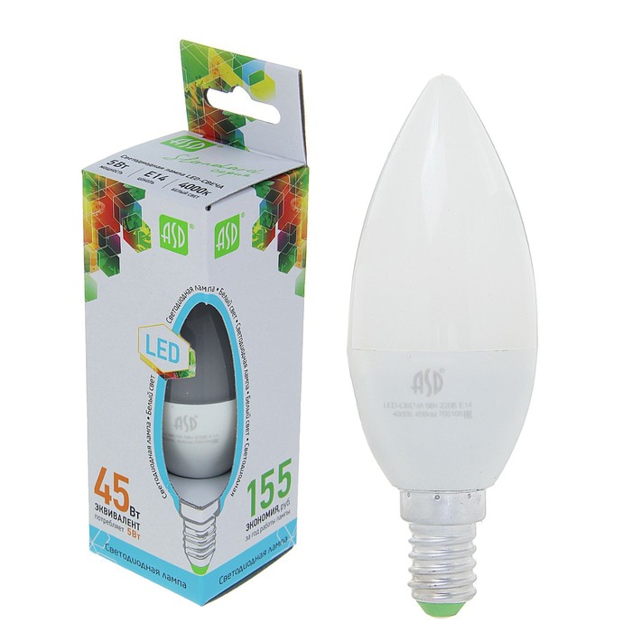 Лампа светодиодная ASD LED-СВЕЧА-standard, Е14, 5 Вт, 230 В, 4000 К, 480 Лм - Фото 1