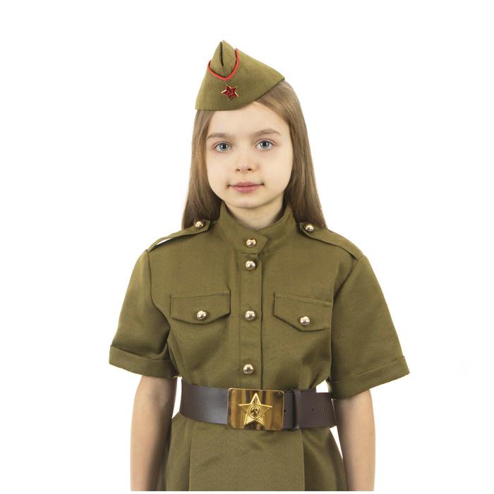 Карнавальный костюм военного: платье с коротким рукавом, пилотка, р-р 32, рост 122-128 см - фото 1884738805