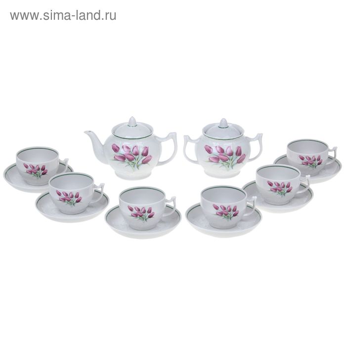 Сервиз чайный на 6 персон "Тюльпаны", 14 предметов: чайник 600 мл, 6 кружек 300 мл, 6 блюдец, сахарница 500 мл - Фото 1