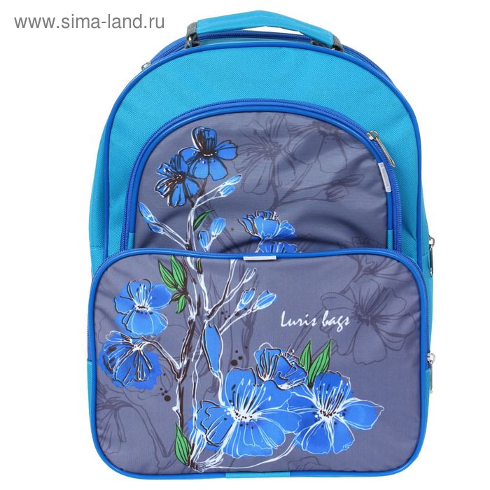 Рюкзак школьный на молнии "Цветы", 2 отдела, 2 наружных кармана, голубой - Фото 1