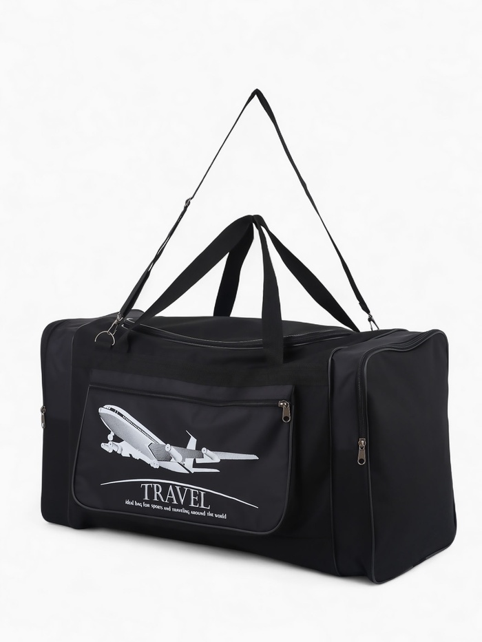 Сумка дорожная на молнии, 3 наружных кармана, длинный ремень, чёрная - Фото 1