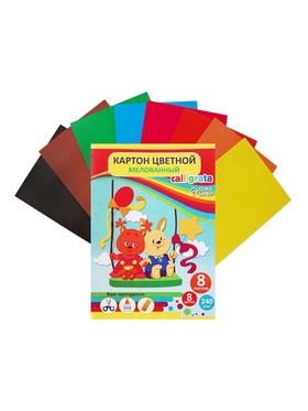Картон цветной А4, 8 листов, 8 цветов, Calligrata, мелованный, 240 г/м?, в папке, МИКС (комплект 2 шт)