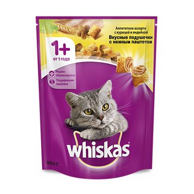 Сухой корм Whiskas для кошек, курица/индейка, подушечки, 800 г