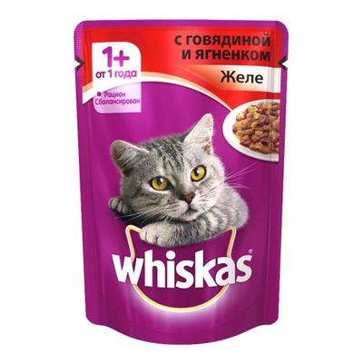 Влажный корм Whiskas для кошек, говядина/ягненок в желе, пауч, 85 г