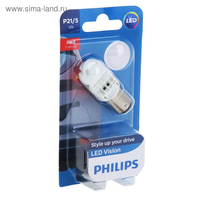 Лампа автомобильная Philips, P21/5W, 12 В, 21/5 Вт (BA15d), LED, красная - Фото 1