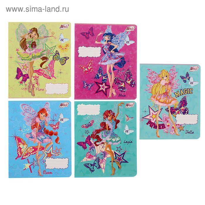 Тетрадь 12 листов в клетку Winx Club, картонная обложка, УФ-лак, МИКС - Фото 1