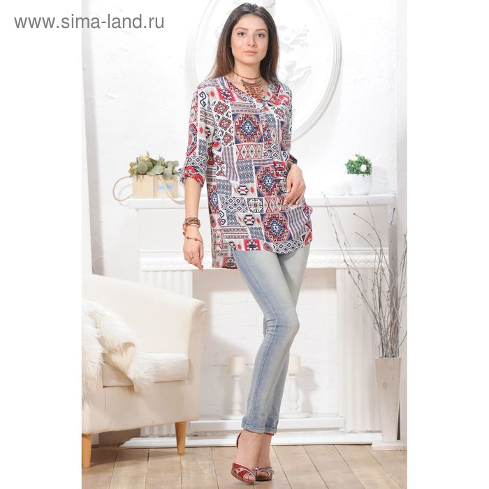 Блуза женская 4841 цвет белый/синий/красный, р-р 46, рост 164 см - Фото 1