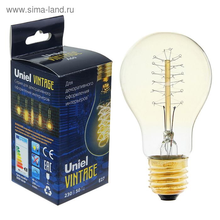Лампа накаливания Uniel "Vintage" А60, Е27, 40 Вт, форма нити CW01, тёплый свет - Фото 1