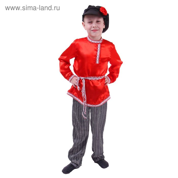 Русский народный костюм для мальчика, красная рубашка, штаны, фуражка, обхват груди 64 см, рост 116 см - Фото 1