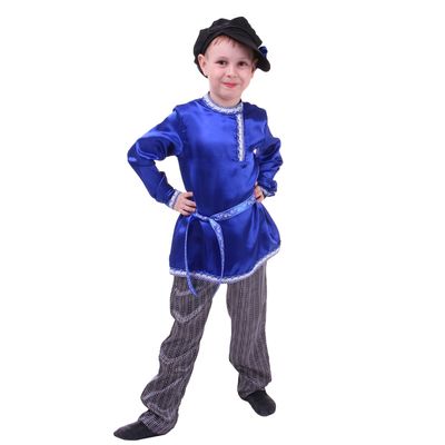 Русский народный костюм для мальчика, синяя рубашка, штаны, фуражка, обхват груди 60 см, рост 110 см