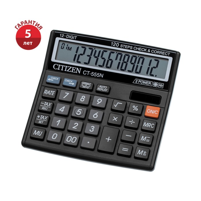 Калькулятор настольный Citizen "CT-500J", 12-разрядный, 128 х 130 х 34 мм, двойное питание, чёрный - Фото 1
