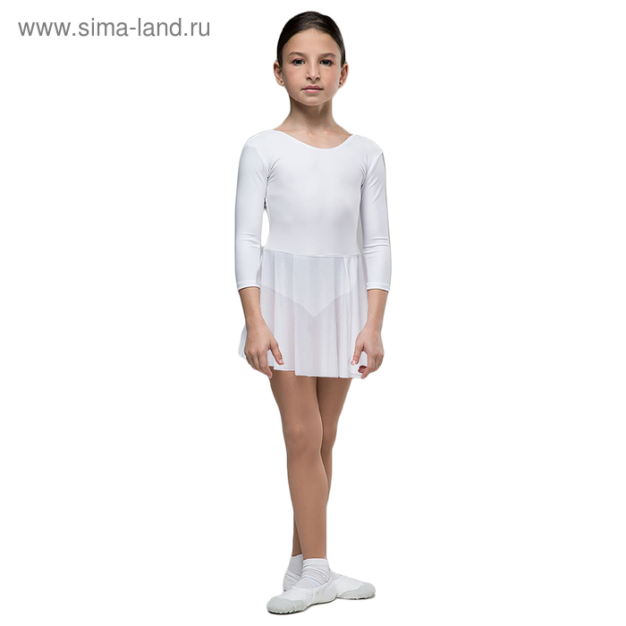 Костюм гимнастический "Пируэт", с длинным рукавом, юбка-сетка, размер 32, цвет белый - Фото 1