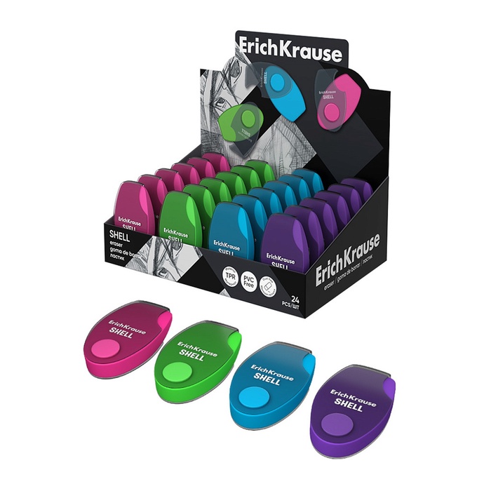 Ластик в пластиковом футляре ErichKrause Shell, мягкий, гипоаллергенный, МИКС - Фото 1