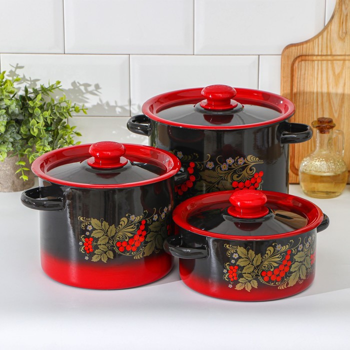 Набор кастрюль эмалированных «Рябинка», 3 предмета: 2 л, 3.5 л, 5.5 л, чёрный, красный - Фото 1