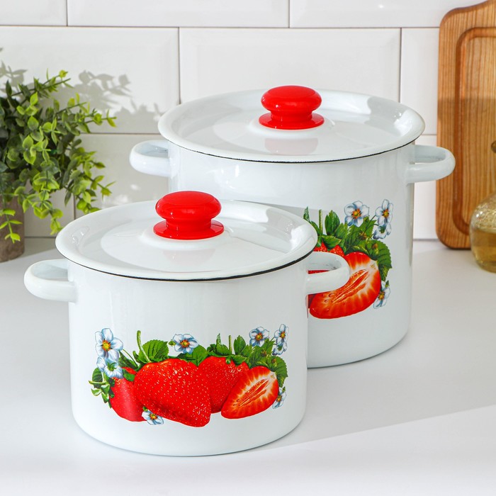 Набор эмалированных кастрюль «Клубника садовая», 2 предмета: 3.5 л, 5.5 л - Фото 1