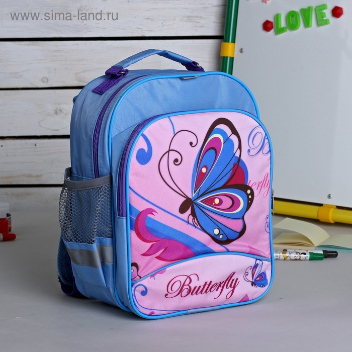 Рюкзак детский на молнии "Бабочка", 1 отдел, 3 наружных кармана, цвет голубой/розовый - Фото 1
