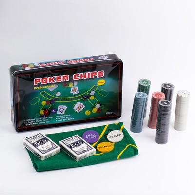 Набор для покера Poker Chips: 2 колоды карт по 54 шт., 300 фишек, сукно, металлический бокс, УЦЕНКА (мятая упаковка)